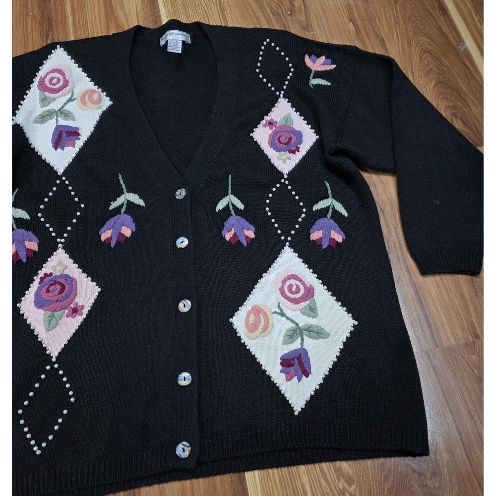 Vtg Maggie Lawrence Cardigan Sweater Womens 18/20 Black Floral Beaded Cottage - Picture 2 of 10